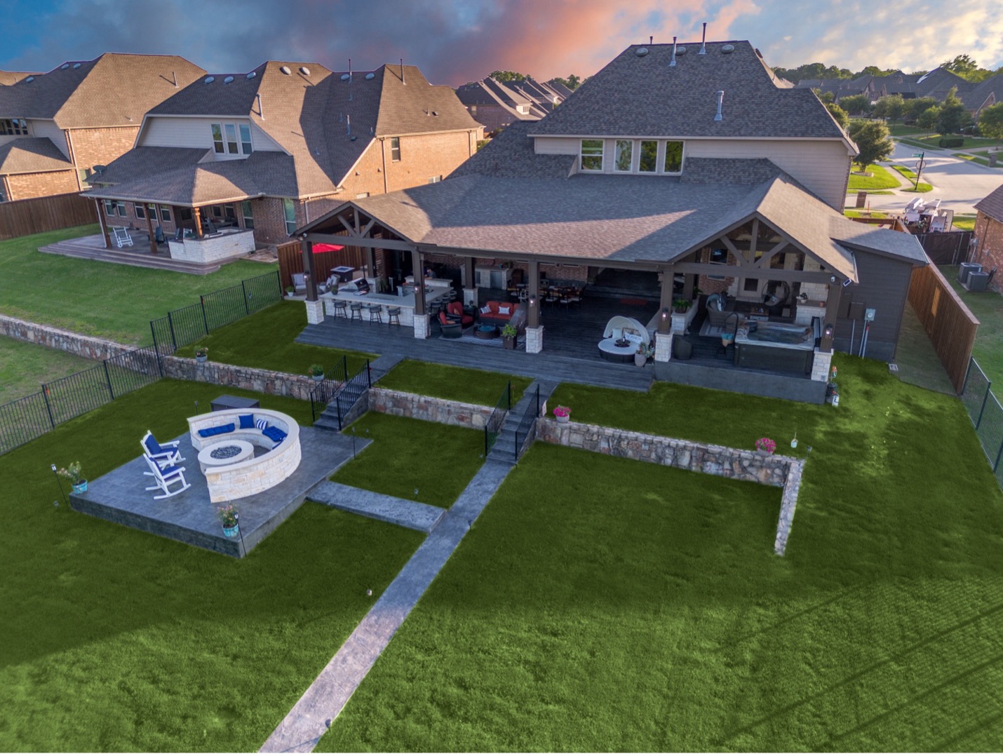 custom covered patio with mixed roof styles